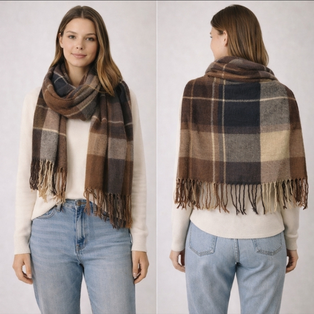 Self Service Brown Plaid Fringe Scarf Cozy Old Money Carolyn Bessette Kennedy